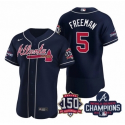 Men's Navy Atlanta Braves #5 Freddie Freeman 2021 World Series Champions With 150th Anniversary Flex Base Stitched Jersey