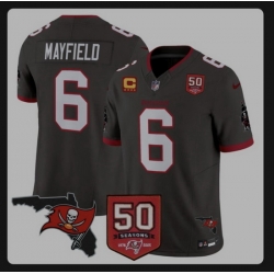 Tampa Bay Buccaneers, 6 Baker Mayfield, Pewter Alternate FUSE 50th Season 26 4 Star C Patch Vapor Limited Stitched Football Jersey