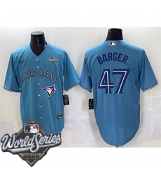 Men Toronto Blue Jays 47 Addison Barger Blue Cool Base Stitched Baseball Jersey Men Toronto Blue Jays 47 Addison Barger Blue Cool Base Stitched Baseball Jersey