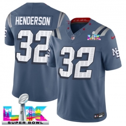 Men New England Patriots 32 TreVeyon Henderson Storm Blue 2025 F U S E  Super Bowl LX Patch  Rivalries Vapor Limited Stitched Football Jersey
