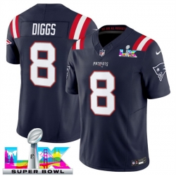 Men New England Patriots 8 Stefon Diggs Navy 2025 F U S E  Super Bowl LX Patch Vapor Limited Stitched Football Jersey