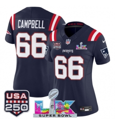 Women New England Patriots 66 Will Campbell Navy 2025 F U S E  Super Bowl LX Patch And USA 250 27 Patch Vapor Limited Football Stitched Jersey 