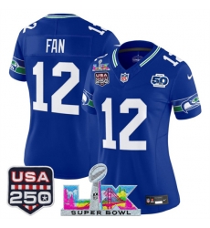 Women Seattle Seahawks 12 Fan Royal 2025 F U S E  Super Bowl LX Patch And 50th Season  26 USA 250 27 Patch Vapor Throwback Limited Stitched Football Jersey