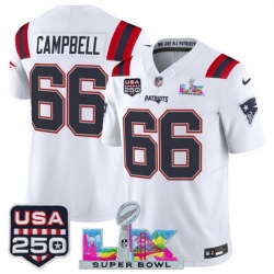 Youth New England Patriots 66 Will Campbell White 2025 F U S E  Super Bowl LX Patch And USA 250 27 Patch Vapor Limited Stitched Football Jersey