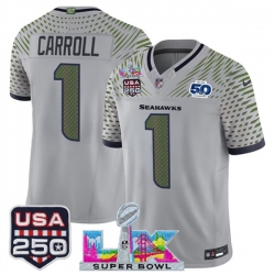Men Seattle Seahawks 1 Pete Carroll Gray 2025 F U S E Super Bowl LX  US 250th anniversary Patch And 50th Season Patch Rivalries Vapor Limited Football Stit