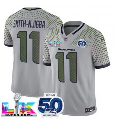Men Seattle Seahawks 11 Jaxon Smith Njigba Grey 2025 F U S E Super Bowl LX Patch And 50th Season Patch Rivalries Vapor Limited Stitched Football Jersey Men Seattle Seahawks 11 Jaxon Smith Njigba Grey 2025 F U S E Super Bowl LX Patch And 50th Season Patch Rivalries Vapor Limited Stitched Football Jersey