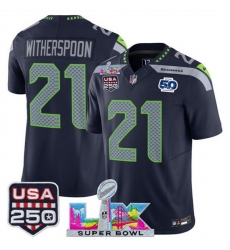 Men Seattle Seahawks 21 Devon Witherspoon Navy 2025 F U S E Super Bowl LX Patch And 50th Season USA 250 Patch Vapor Limited Football Stitched Jersey Men Seattle Seahawks 21 Devon Witherspoon Navy 2025 F U S E Super Bowl LX Patch And 50th Season USA 250 Patch Vapor Limited Football Stitched Jersey