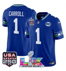Youth Seattle Seahawks 1 Pete Carroll Royal 2025 F U S E Super Bowl LX Patch And 50th Season USA 250 Patch Vapor Throwback Limited Stitched Football Jers Youth Seattle Seahawks 1 Pete Carroll Royal 2025 F U S E Super Bowl LX Patch And 50th Season USA 250 Patch Vapor Throwback Limited Stitched Football Jers